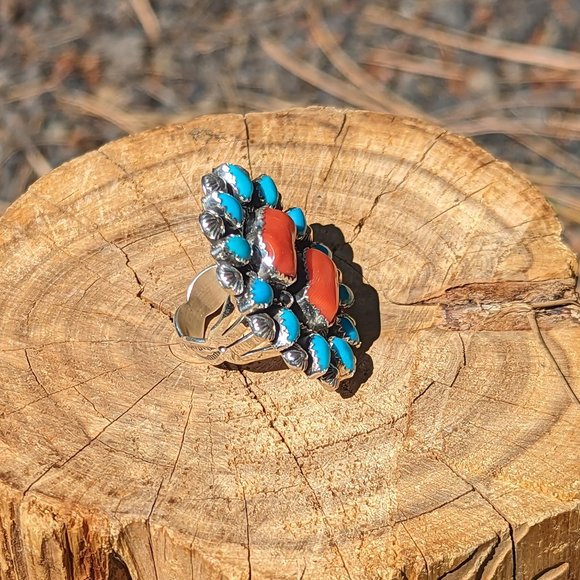 Handcrafted Turquoise Coral Native American Ring Southwestern Sterling Sz 7.5 ** - Picture 4 of 10